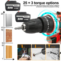 Thumbnail for Cordless Drill w/2 Battery Heavy Duty Impact Driver Kit Brushless Hammer Set 88V