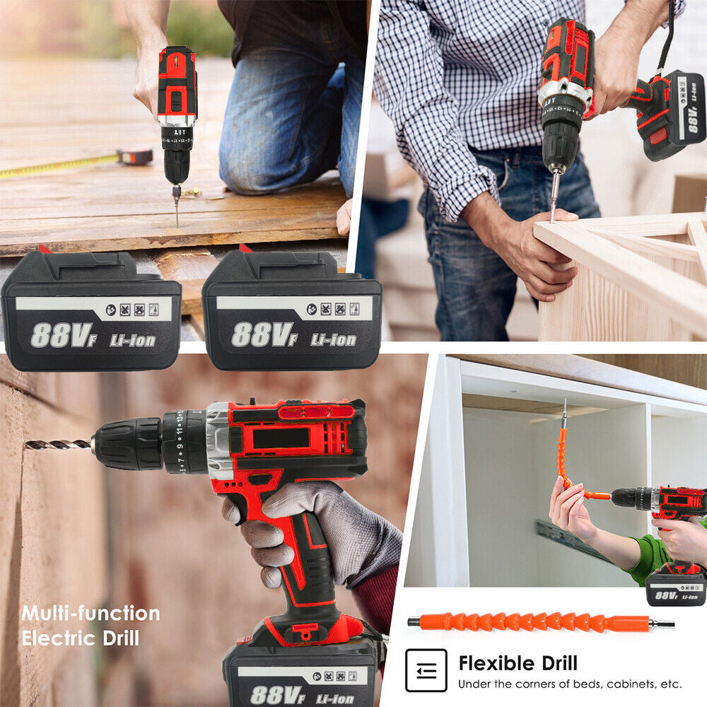 Cordless Drill w/2 Battery Heavy Duty Impact Driver Kit Brushless Hammer Set 88V