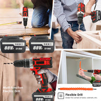 Thumbnail for Cordless Drill w/2 Battery Heavy Duty Impact Driver Kit Brushless Hammer Set 88V