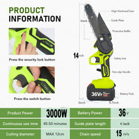 Thumbnail for 36V 3000W Mini Cordless Chainsaw 2X Battery-Powered Wood Cutter Rechargeable