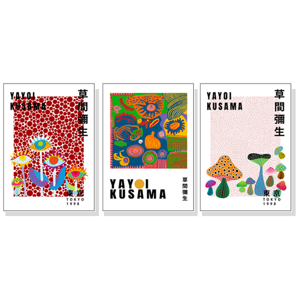 40cmx60cm Yayoi Kusama's Iconic Polka Dot Canvas Wall Art Set of 3 - White Frame - A Bold and Eye-Catching Piece of Art That Will Add a Touch of Pop Art to Your Home