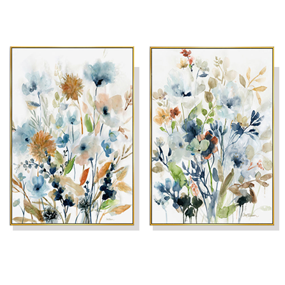 40cmx60cm Colourful Floras Watercolour Style 2 Sets Gold Frame Canvas Wall Art