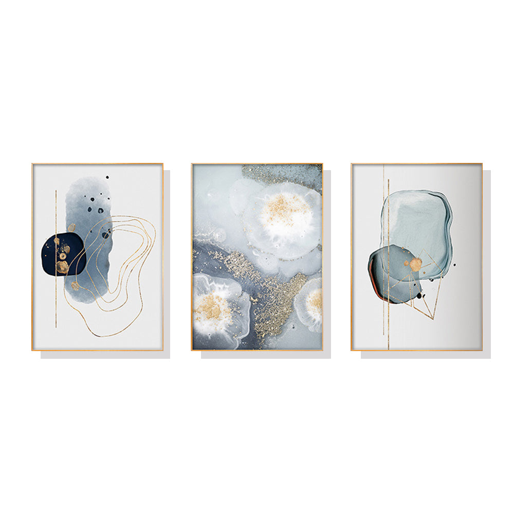 Marbled Light Grey 3 Sets Gold Frame Canvas Wall Art | 40cmx60cm | Modern Home Decor