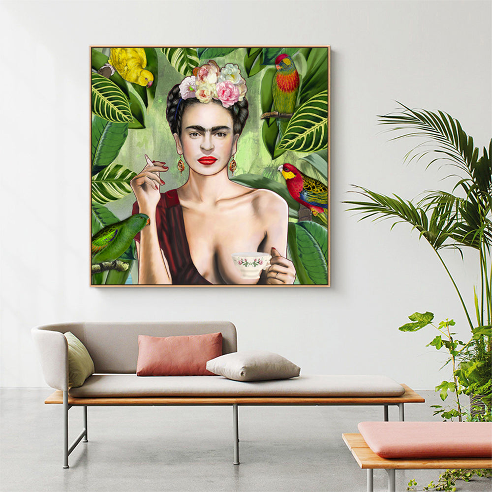 50cmx50cm Iconic Self Portrait by Frida Kahlo Wood Frame Canvas Wall Art - A Striking and Thought-Provoking Piece of Art for Your Home