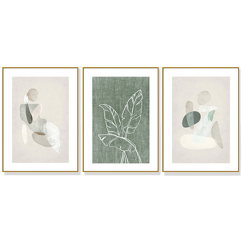 Abstract Body & Leaves Canvas Art - 40cmx60cm 3-Piece Set in Gold Frame - Modern Wall Decor