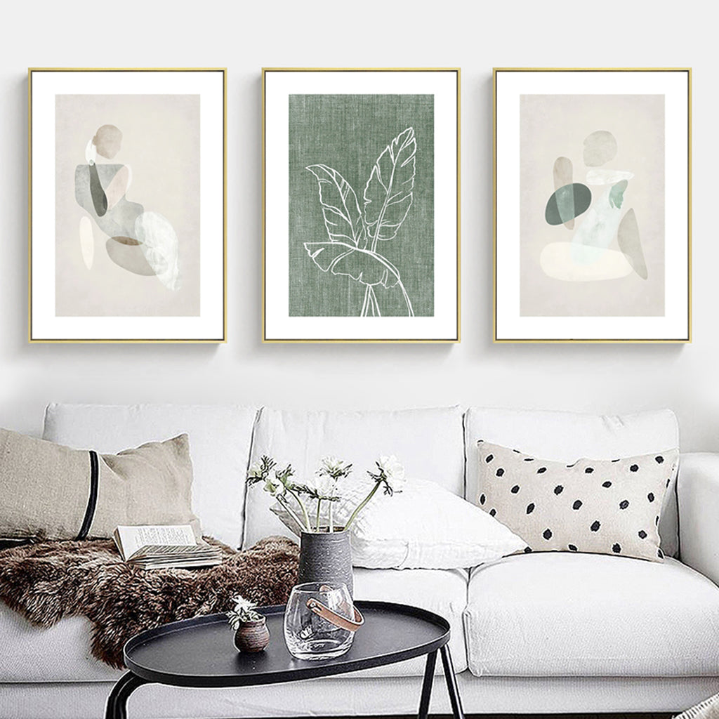 Abstract Body & Leaves Canvas Art - 40cmx60cm 3-Piece Set in Gold Frame - Modern Wall Decor