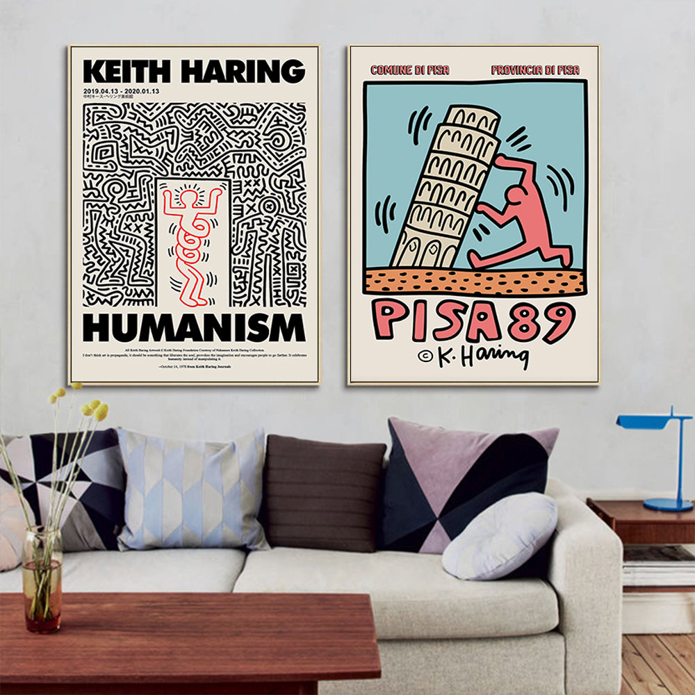 50cmx50cm Iconic Pop Art Wall Art by Keith Haring 2 Sets Gold Frame Canvas - A Fun and Eye-Catching Piece of Art for Your Home