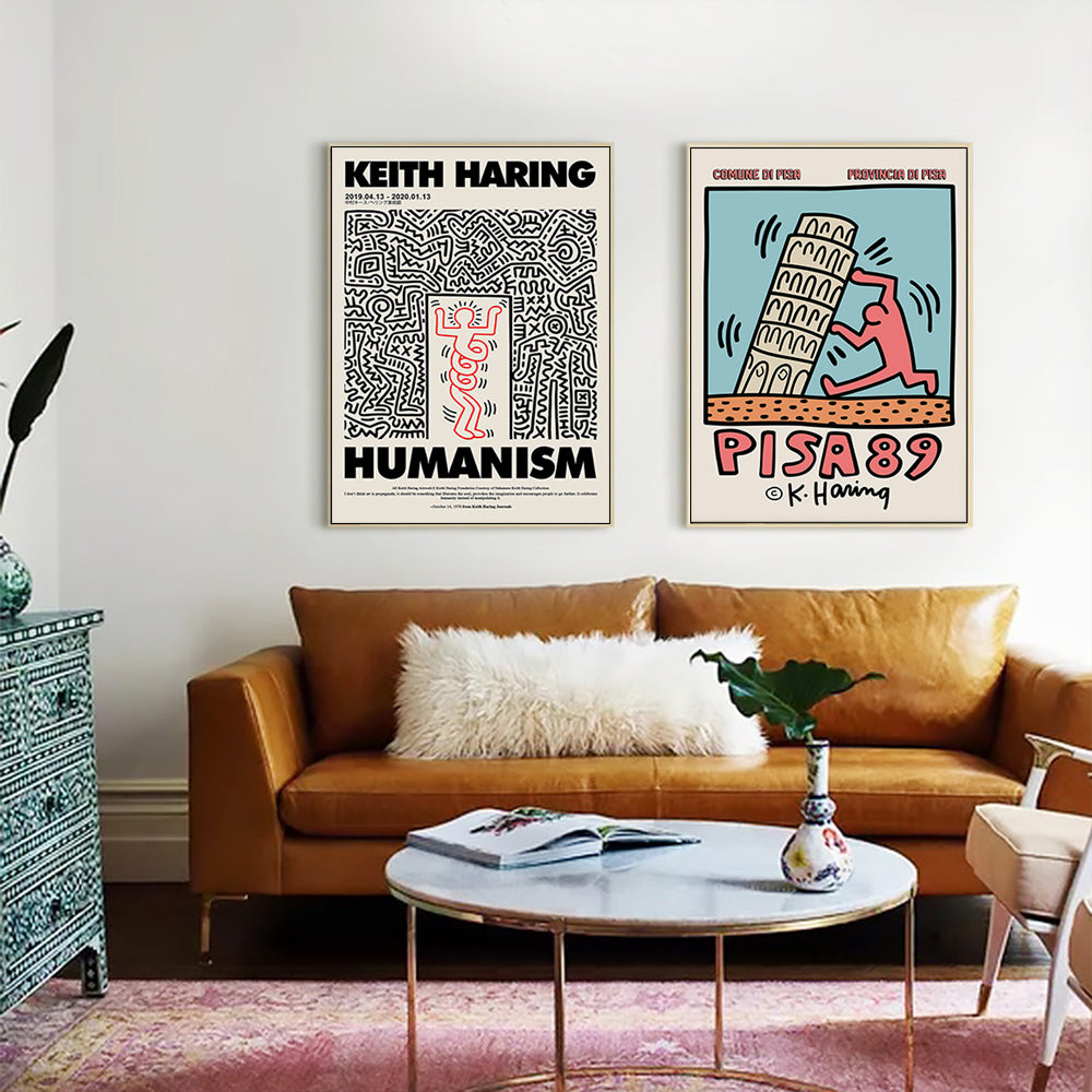 50cmx50cm Iconic Pop Art Wall Art by Keith Haring 2 Sets Gold Frame Canvas - A Fun and Eye-Catching Piece of Art for Your Home