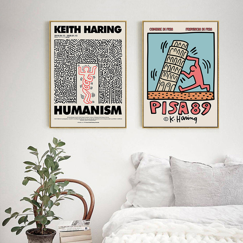 50cmx50cm Iconic Pop Art Wall Art by Keith Haring 2 Sets Gold Frame Canvas - A Fun and Eye-Catching Piece of Art for Your Home