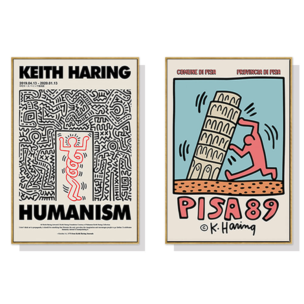 50cmx50cm Iconic Pop Art Wall Art by Keith Haring 2 Sets Gold Frame Canvas - A Fun and Eye-Catching Piece of Art for Your Home