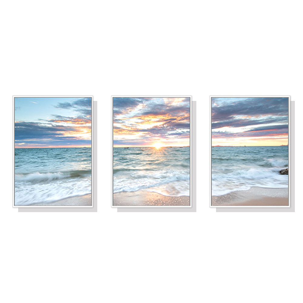 40cmx60cm Sunrise by the Ocean Canvas Wall Art Set of 3 - White Frame - A Serene and Relaxing Piece of Art That Will Add a Touch of Nature to Your Home