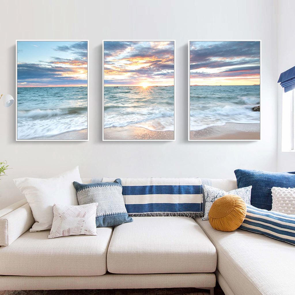 40cmx60cm Sunrise by the Ocean Canvas Wall Art Set of 3 - White Frame - A Serene and Relaxing Piece of Art That Will Add a Touch of Nature to Your Home