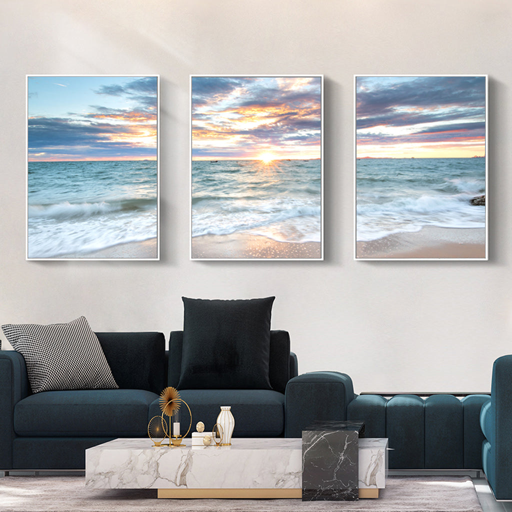 40cmx60cm Sunrise by the Ocean Canvas Wall Art Set of 3 - White Frame - A Serene and Relaxing Piece of Art That Will Add a Touch of Nature to Your Home