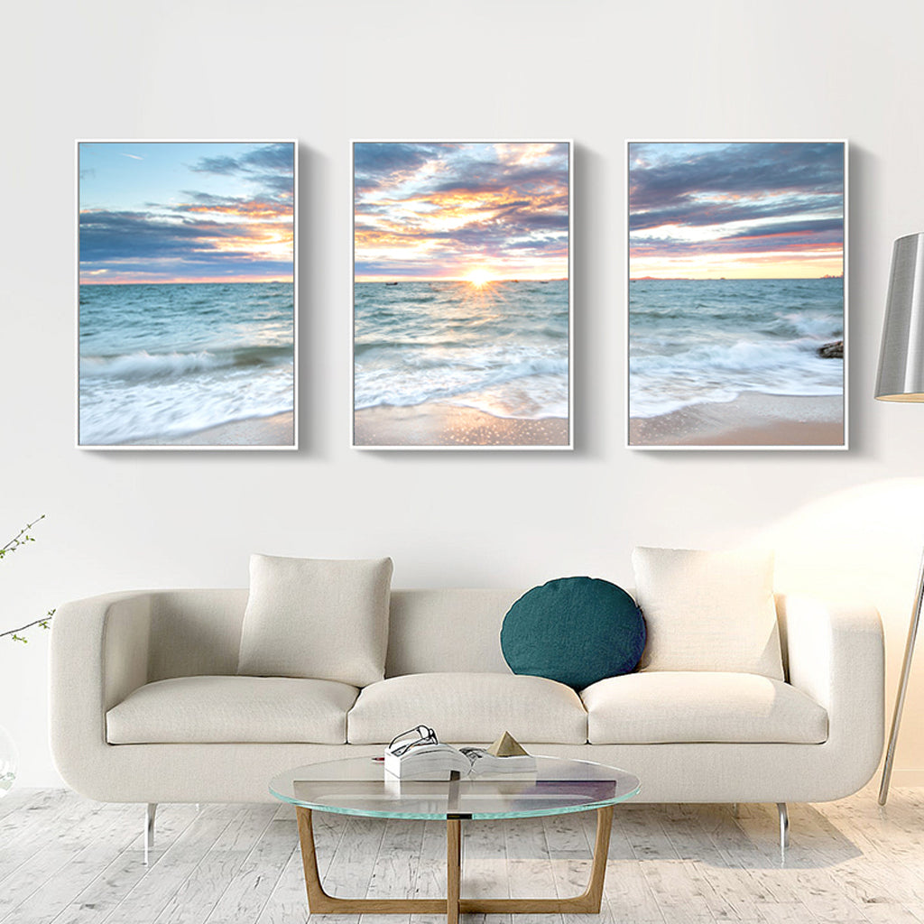 40cmx60cm Sunrise by the Ocean Canvas Wall Art Set of 3 - White Frame - A Serene and Relaxing Piece of Art That Will Add a Touch of Nature to Your Home