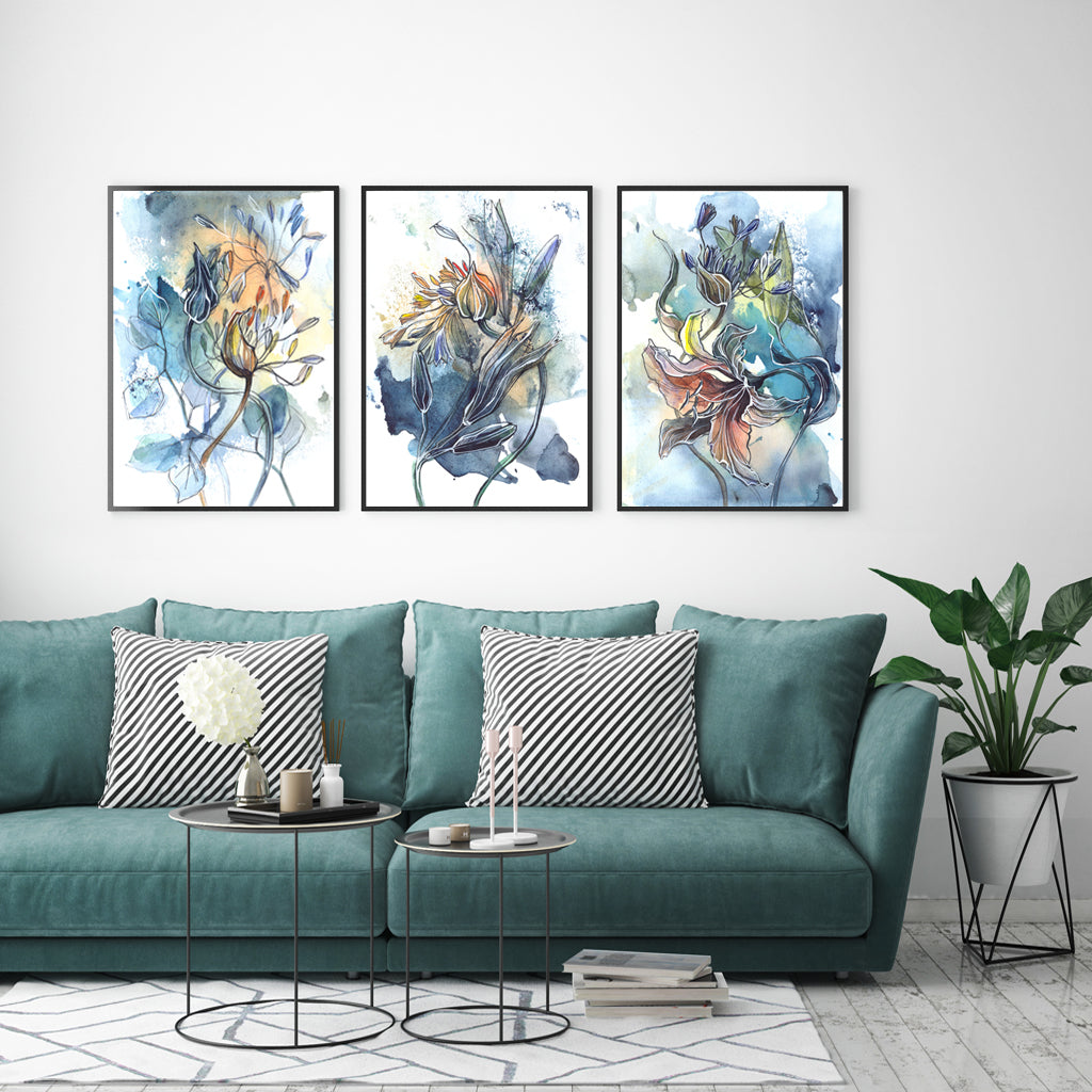 40cmx60cm Watercolor Style Abstract Flower Canvas Wall Art Set of 3 - Black Frame - A Modern and Serene Piece of Art That Will Add a Touch of Nature to Your Home