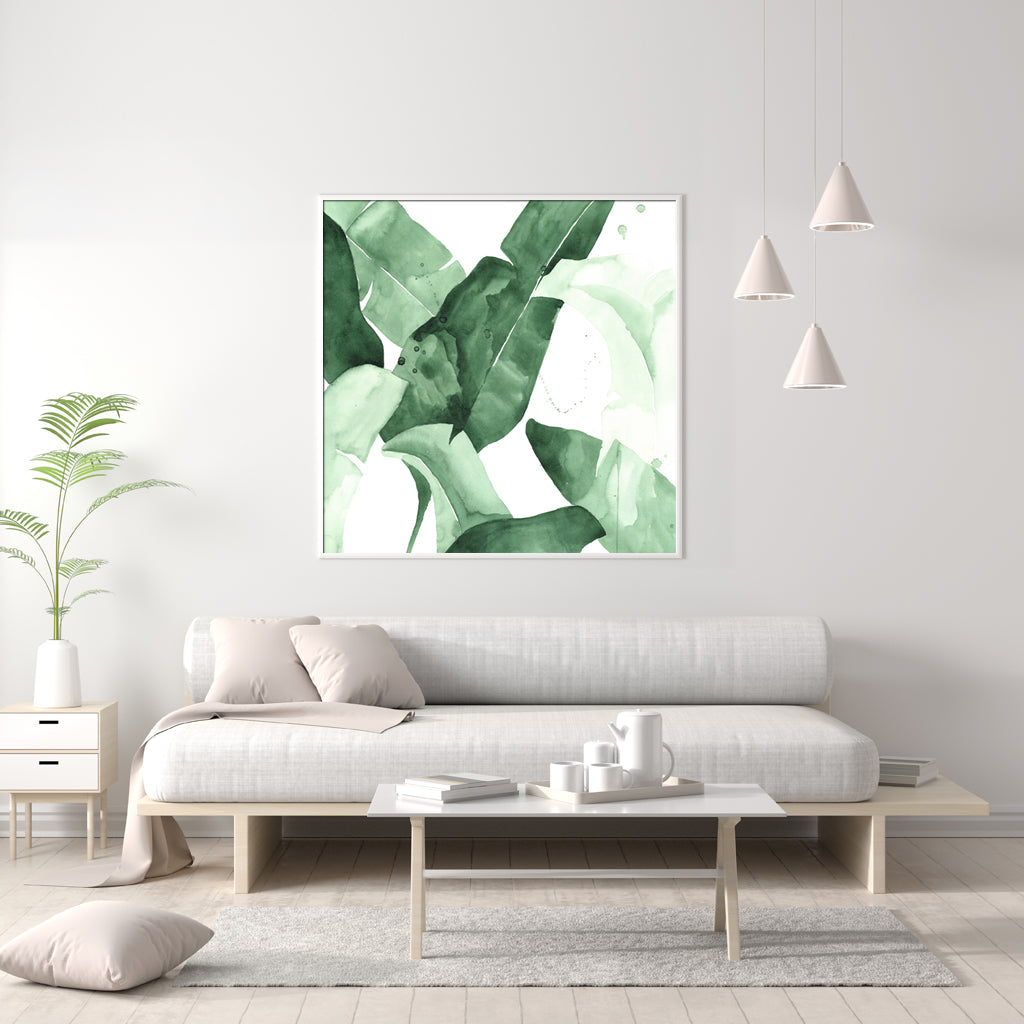 60cmx60cm Tropical Leaves Square Size White Frame Canvas Wall Art