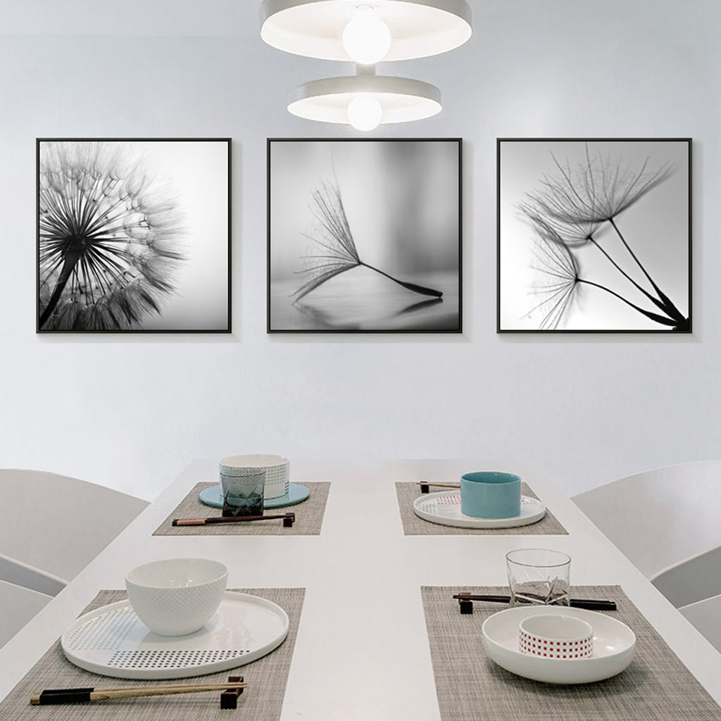 50cmx50cm Botanical Dandelions 3 Sets Black Frame Canvas Wall Art - A Charming and Elegant Piece of Art for Your Home