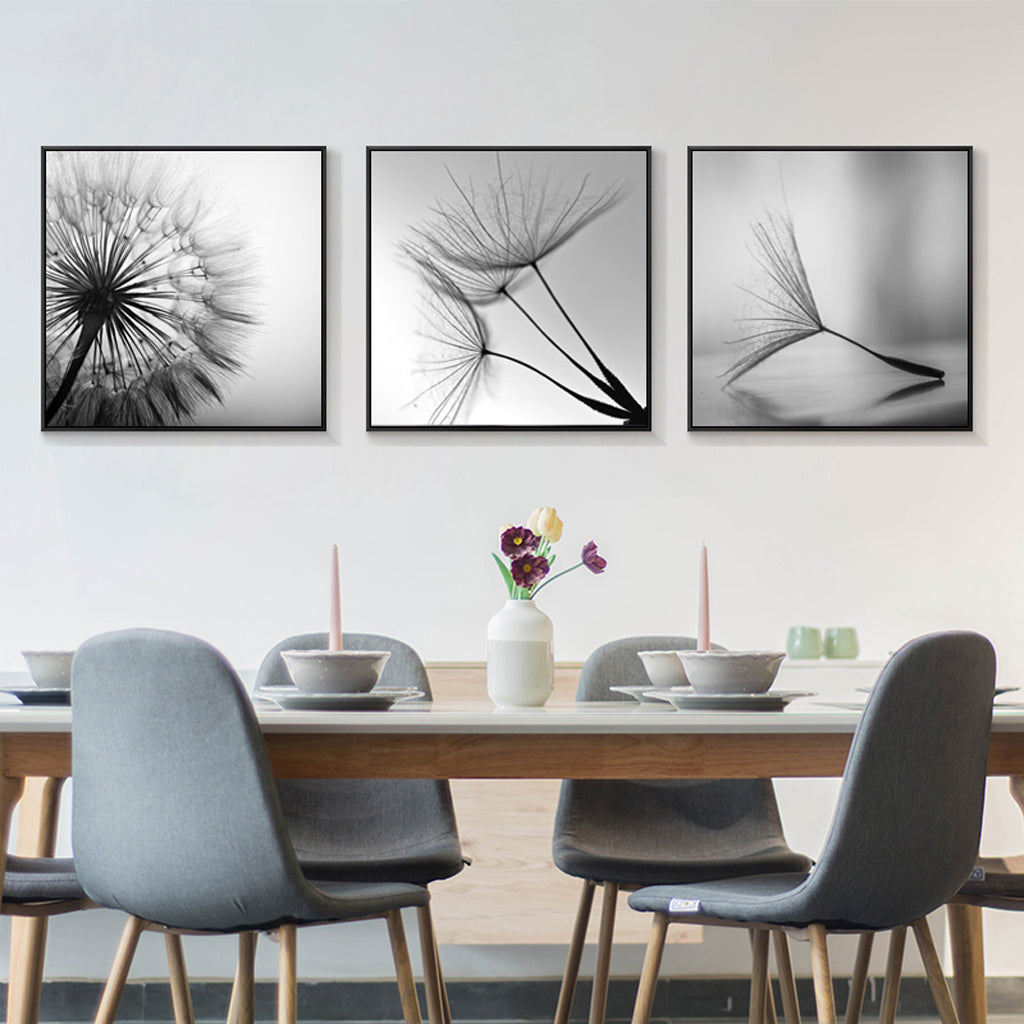 60cmx60cm Botanical dandelions 3 Sets Black Frame Canvas Wall Art