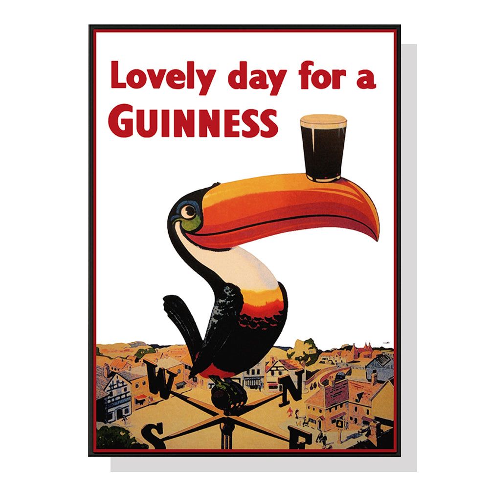 50cm x 70cm "Lovely Day For A Guinness" Beer Canvas Wall Art: Vintage-Inspired Ad Design with Sleek Black Frame for Cozy Pub Ambiance at Home