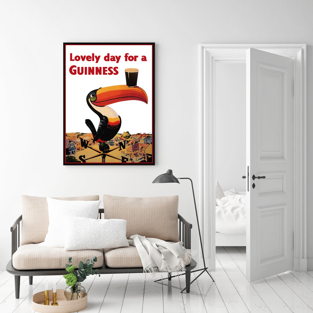 50cm x 70cm "Lovely Day For A Guinness" Beer Canvas Wall Art: Vintage-Inspired Ad Design with Sleek Black Frame for Cozy Pub Ambiance at Home