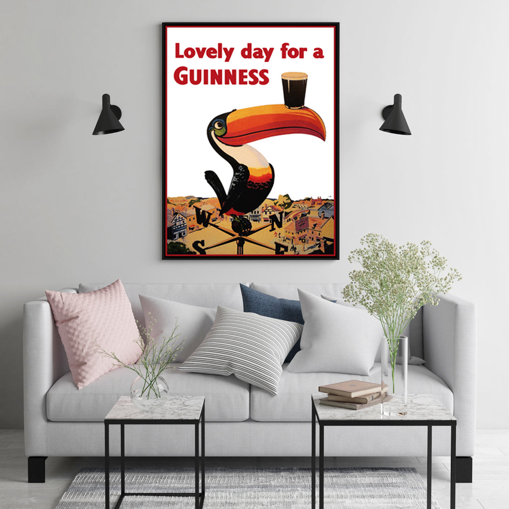 50cm x 70cm "Lovely Day For A Guinness" Beer Canvas Wall Art: Vintage-Inspired Ad Design with Sleek Black Frame for Cozy Pub Ambiance at Home