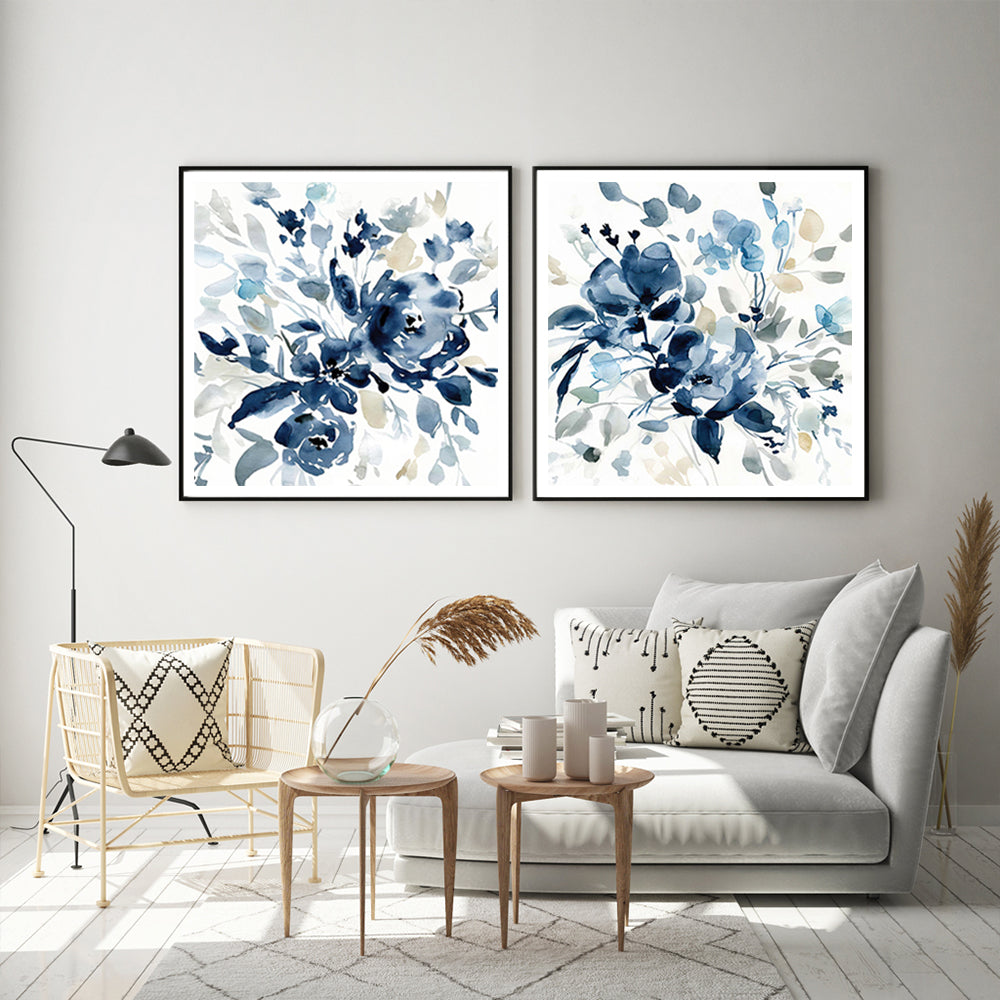 50cmx50cm Indigo Garden by Carol Robinson 2 Sets Black Frame Canvas Wall Art - A Charming and Serene Piece of Art for Your Home