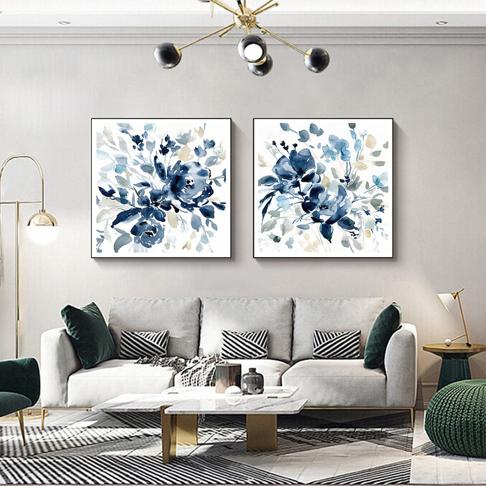 50cmx50cm Indigo Garden by Carol Robinson 2 Sets Black Frame Canvas Wall Art - A Charming and Serene Piece of Art for Your Home