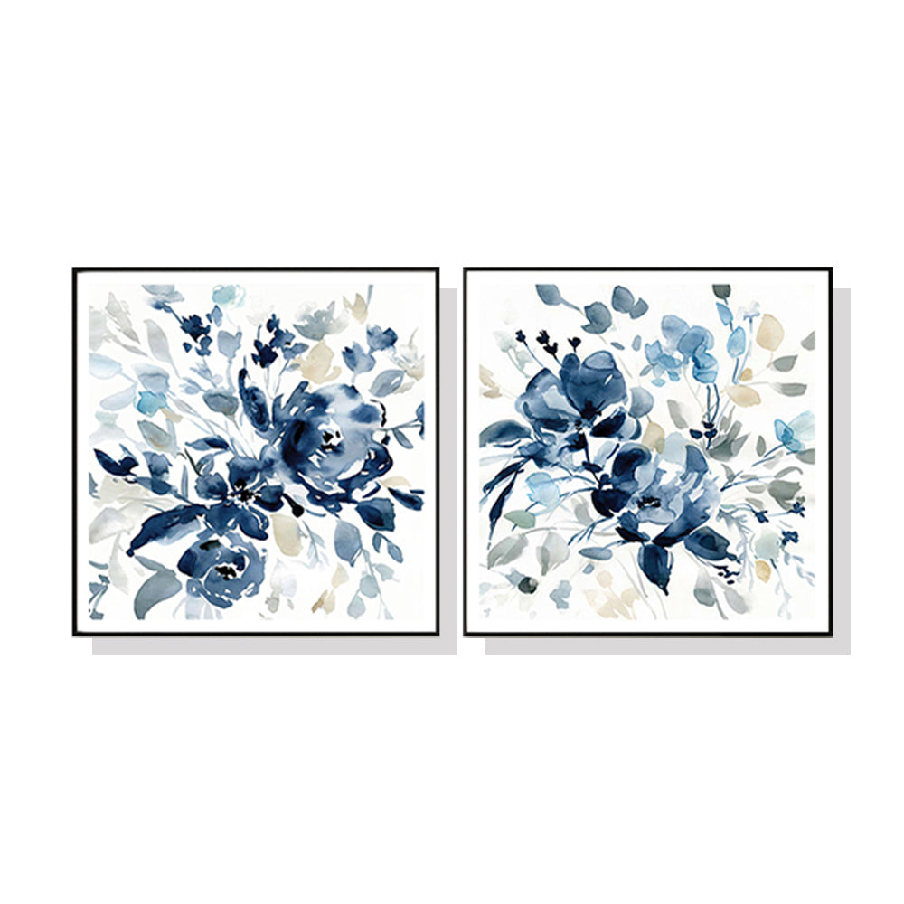 50cmx50cm Indigo Garden by Carol Robinson 2 Sets Black Frame Canvas Wall Art - A Charming and Serene Piece of Art for Your Home