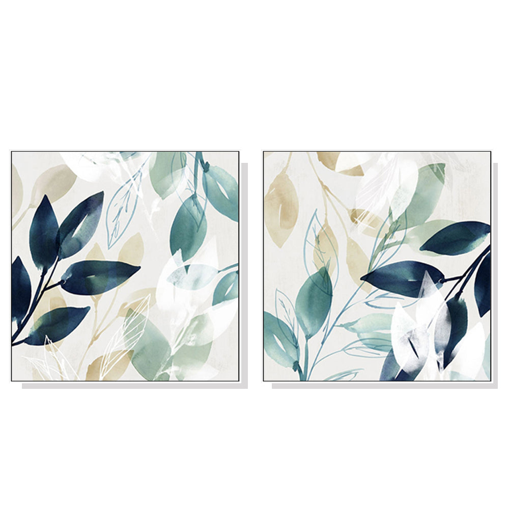 50cmx50cm Charming Watercolor Style Leaves 2 Sets White Frame Canvas Wall Art - A Serene and Relaxing Piece of Art for Your Home