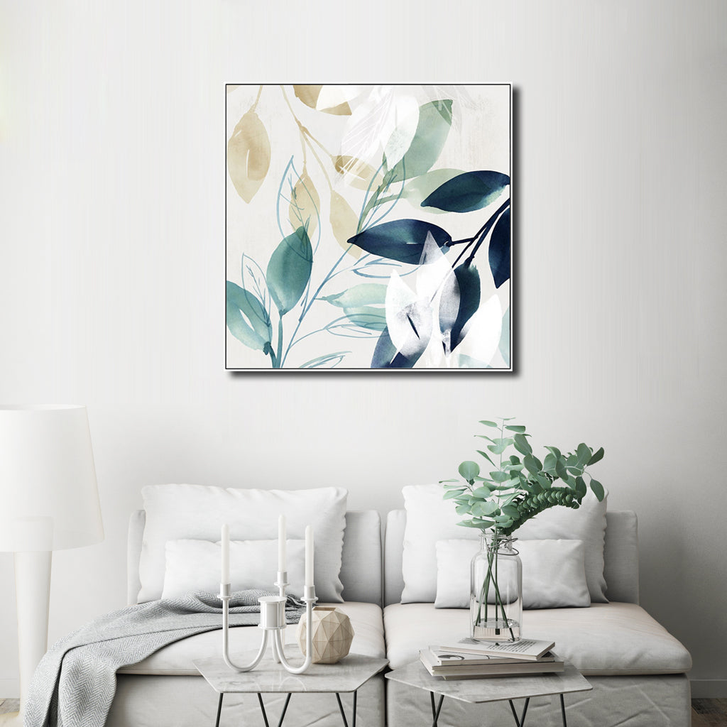 50cmx50cm Charming Watercolor Style Leaves 2 Sets White Frame Canvas Wall Art - A Serene and Relaxing Piece of Art for Your Home