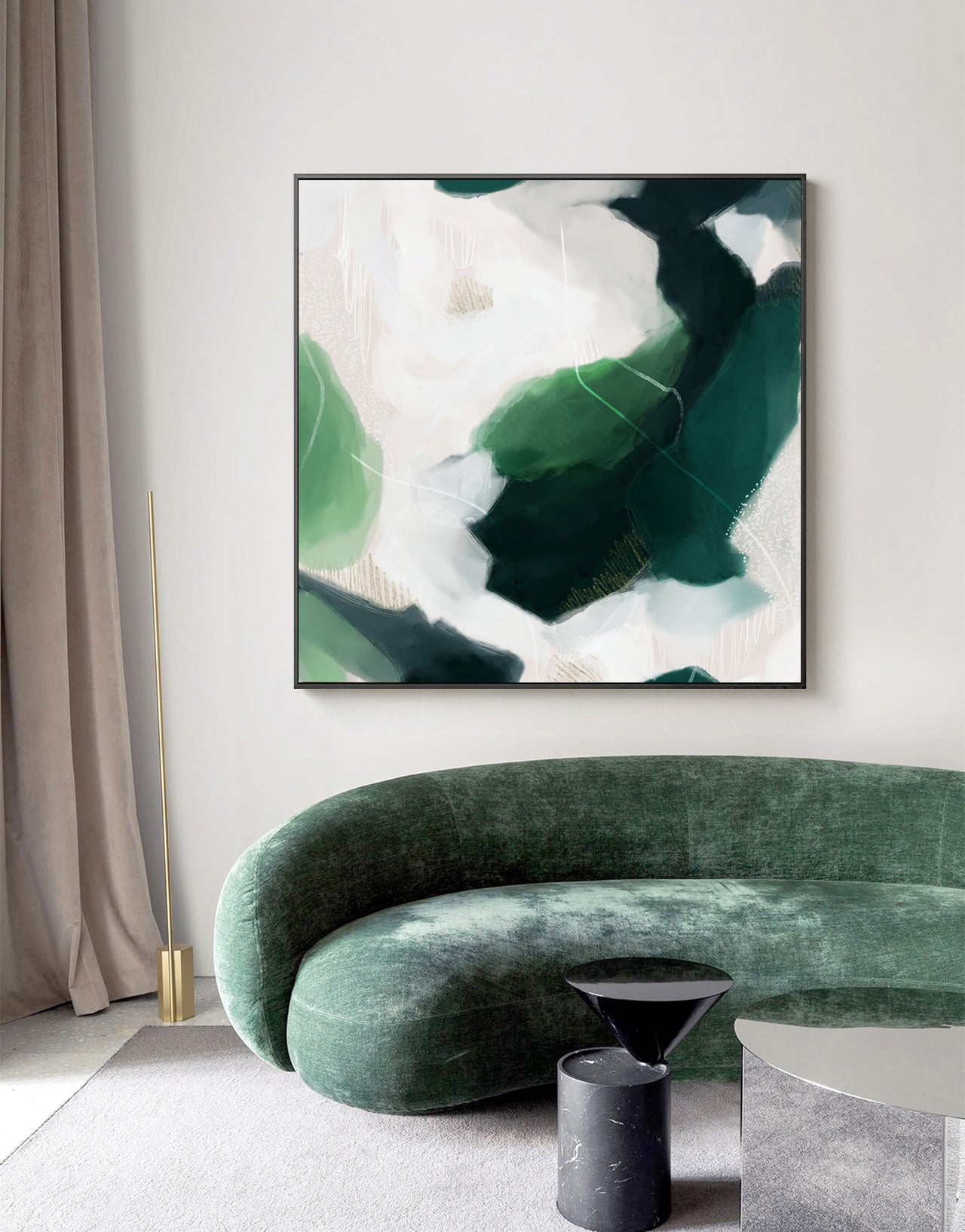 50cmx50cm French Abstract Green Canvas Wall Art with Black Frame - A Modern and Stylish Piece of Art for Your Home