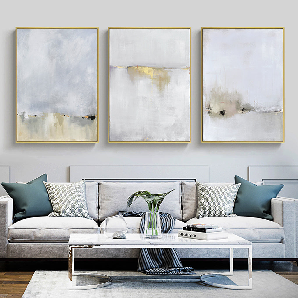 Golden White Abstract Canvas Art - 40cmx60cm 3-Piece Set in Gold Frame - Elegant Wall Decor