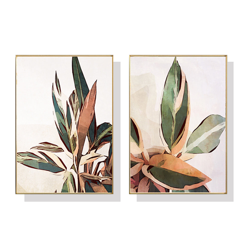 Gold Framed Botanical Leaves Canvas Wall Art Set of 2 (40cm x 60cm)