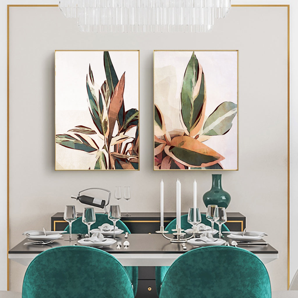 50cm x 70cm Botanical Leaves Duo Canvas Wall Art: Lush 2-Piece Set with Shimmering Gold Frame for Greenery-Focused Home Elegance