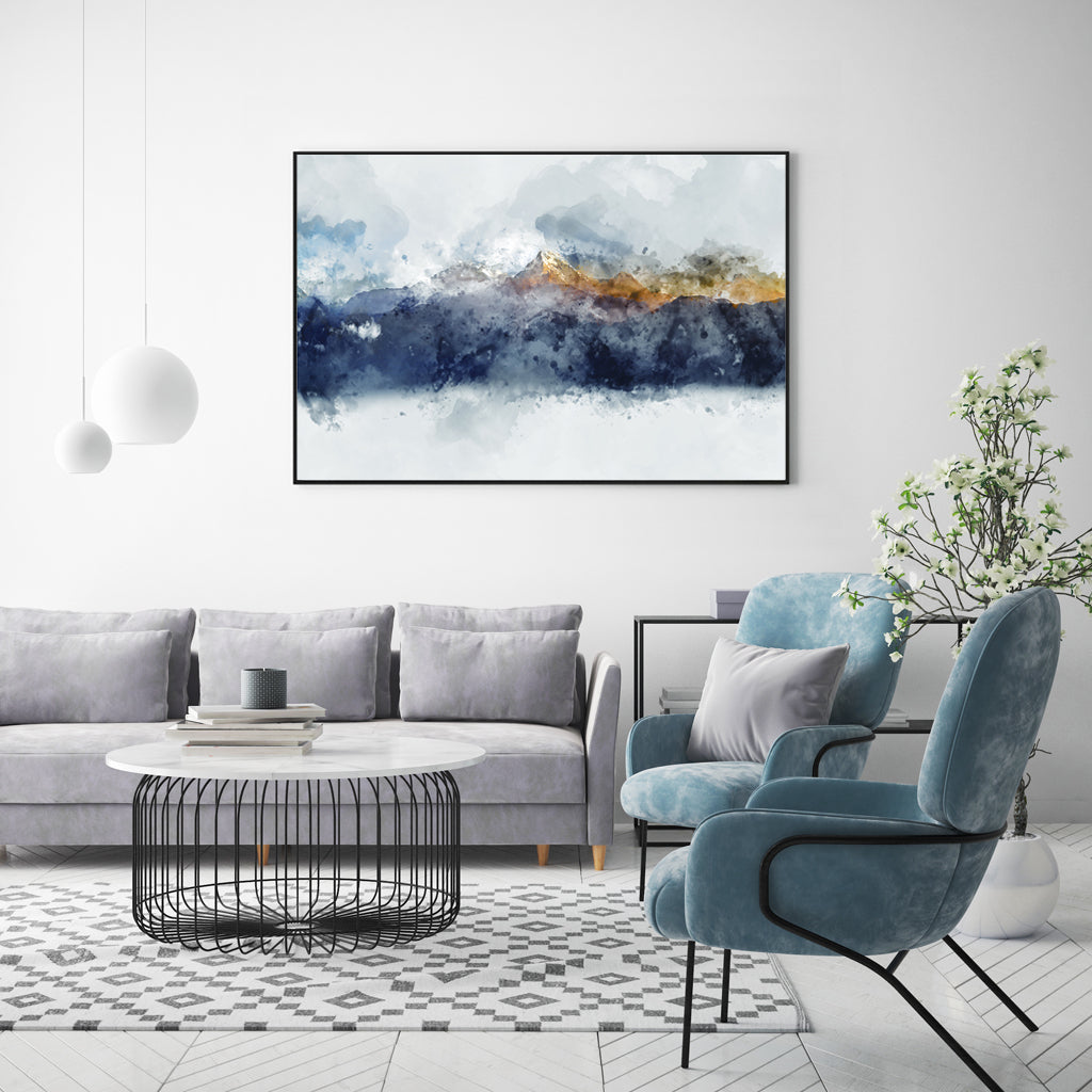 50cm x 70cm Abstract Sunlight Mountains Canvas Wall Art: Radiant Landscape Design with Sleek Black Frame for Captivating Home Display