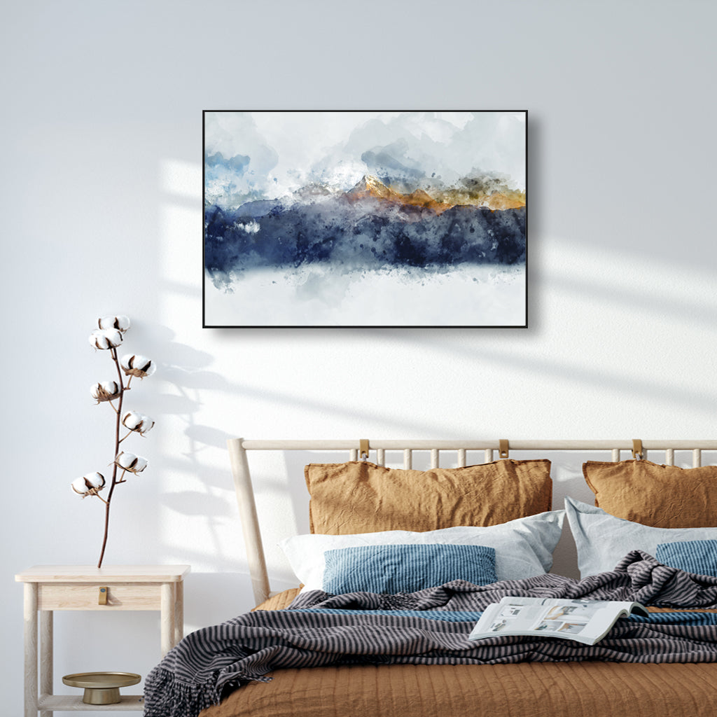 50cm x 70cm Abstract Sunlight Mountains Canvas Wall Art: Radiant Landscape Design with Sleek Black Frame for Captivating Home Display