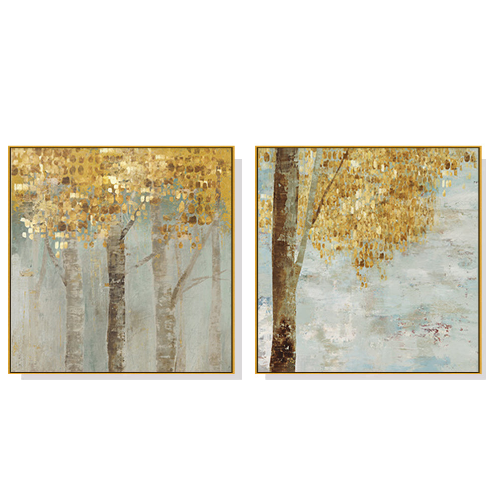 50cmx50cm Golden Leaves 2 Sets Gold Frame Canvas Wall Art - A Charming and Elegant Piece of Art for Your Home