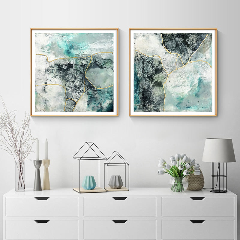 50cmx50cm Marbled Green 2 Sets Gold Frame Canvas Wall Art - A Luxurious and Elegant Piece of Art for Your Home