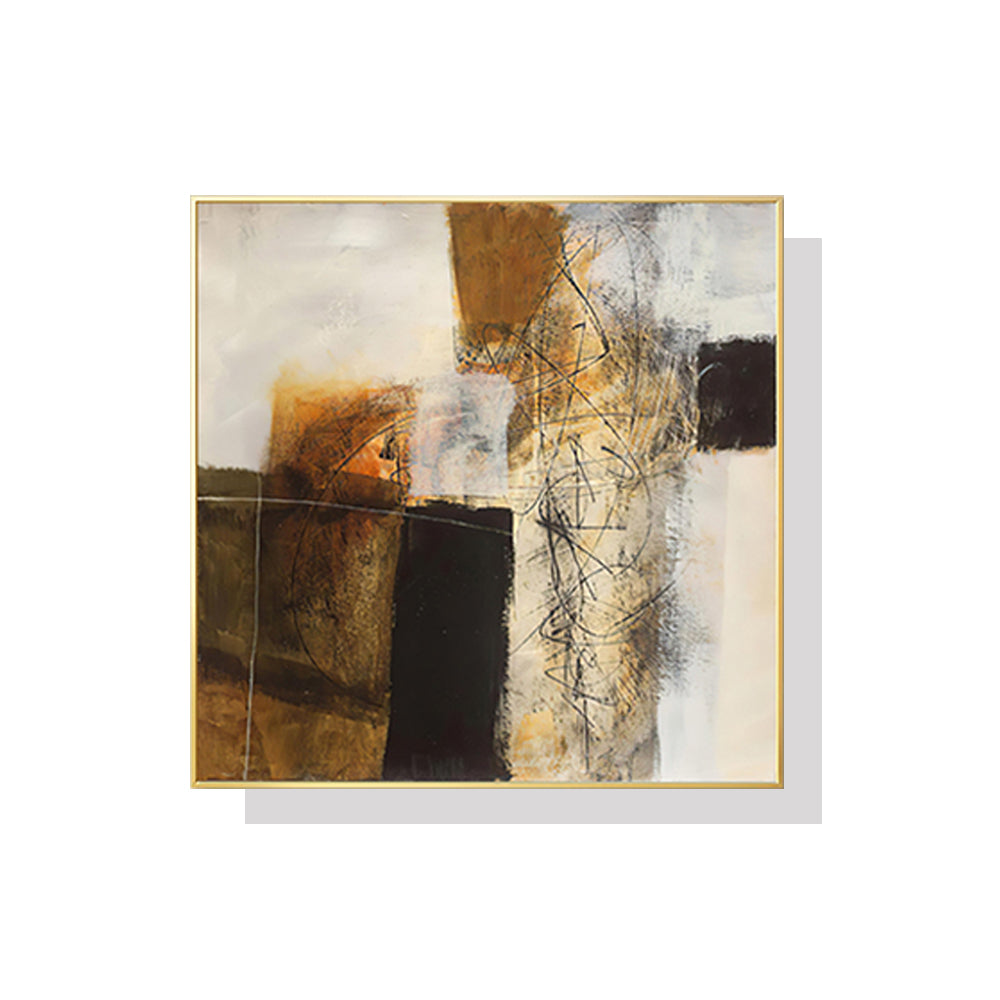 50cmx50cm Abstract Gold and Brown Painting Style Gold Frame Canvas Wall Art - A Modern and Elegant Piece of Art