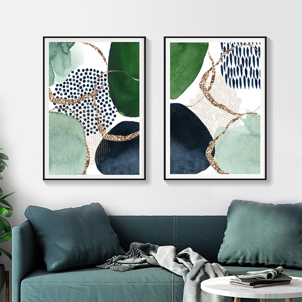 40cmx60cm Green and Navy Abstract Canvas Art - 2-Piece Set in Black Frame - Modern Wall Display