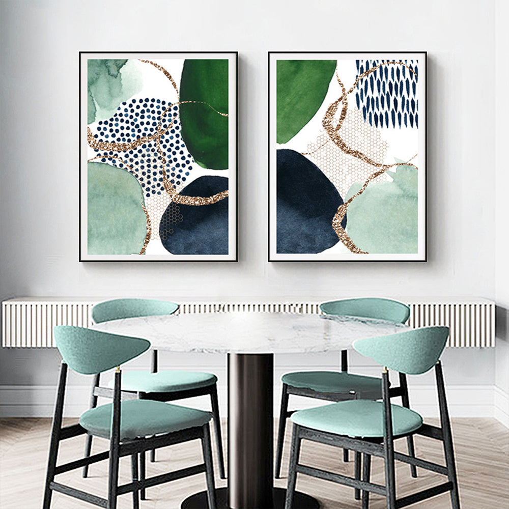 40cmx60cm Green and Navy Abstract Canvas Art - 2-Piece Set in Black Frame - Modern Wall Display