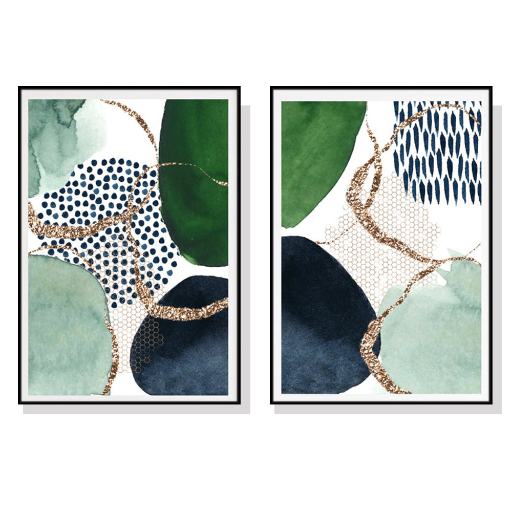 40cmx60cm Green and Navy Abstract Canvas Art - 2-Piece Set in Black Frame - Modern Wall Display