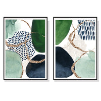 Thumbnail for 40cmx60cm Green and Navy Abstract Canvas Art - 2-Piece Set in Black Frame - Modern Wall Display