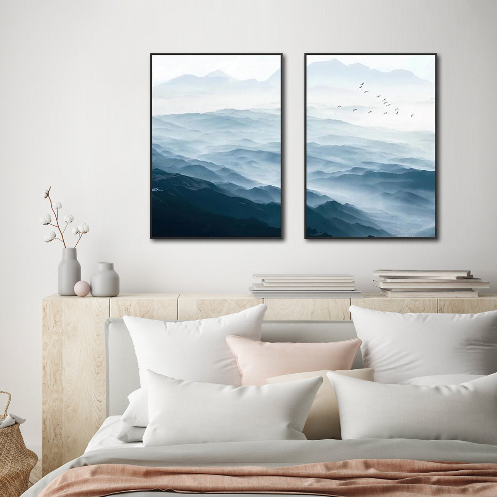 50cm x 70cm Blue Mountains Duo Canvas Wall Art: Majestic 2-Piece Landscape Set with Sleek Black Frame for Tranquil Home Ambiance