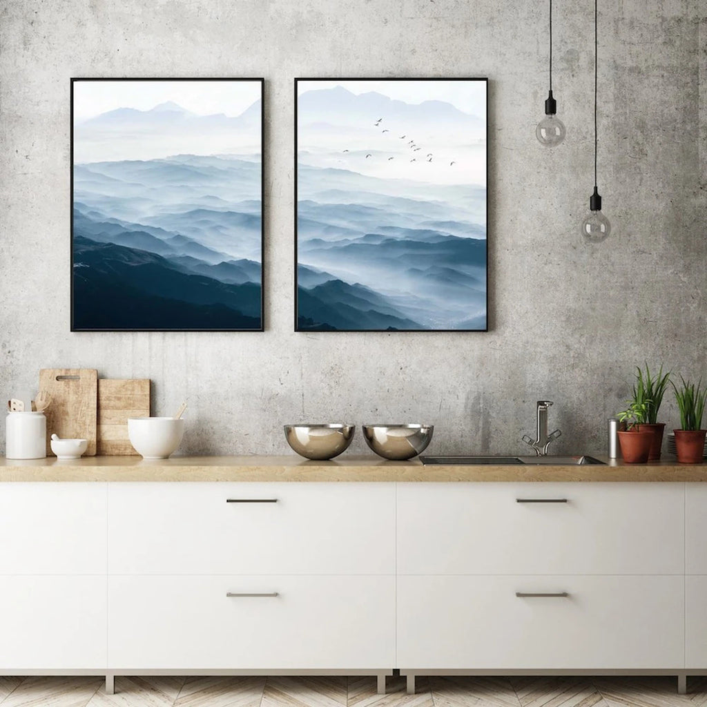 50cm x 70cm Blue Mountains Duo Canvas Wall Art: Majestic 2-Piece Landscape Set with Sleek Black Frame for Tranquil Home Ambiance