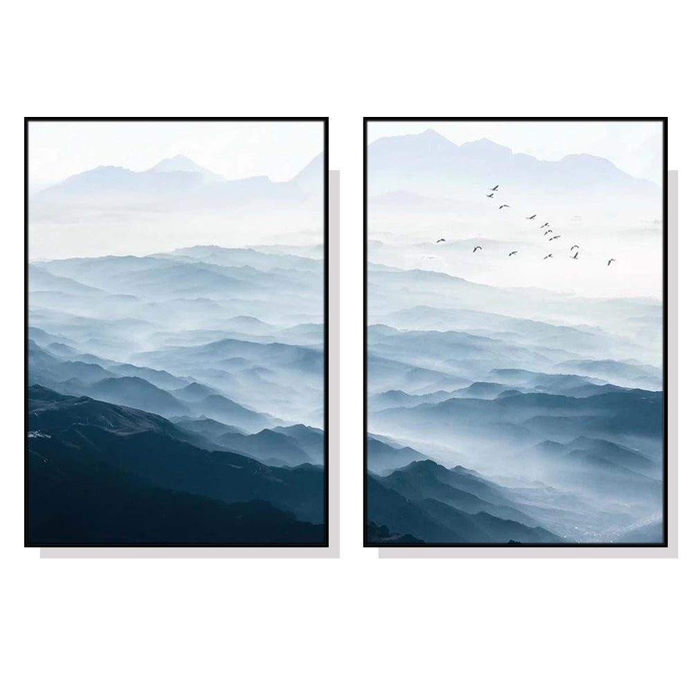 50cm x 70cm Blue Mountains Duo Canvas Wall Art: Majestic 2-Piece Landscape Set with Sleek Black Frame for Tranquil Home Ambiance