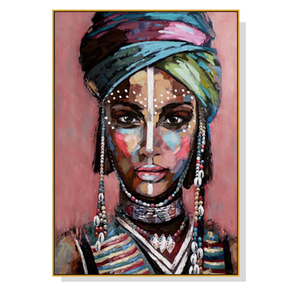 50cm x 70cm African Woman II Canvas Wall Art: Majestic Portrait with Luxurious Gold Frame for Cultured Home Decor Elegance