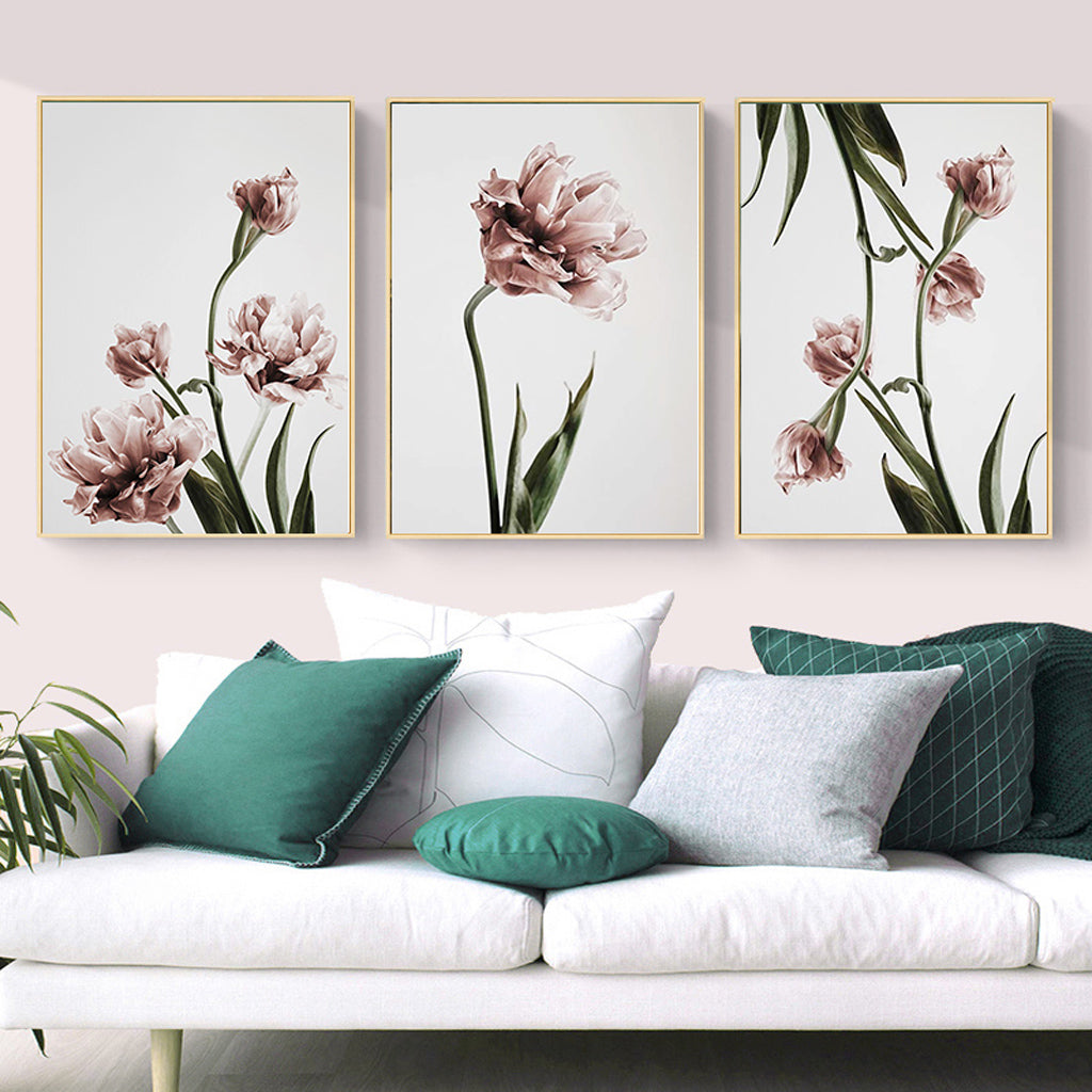 40cmx60cm Tulip Flower Canvas Wall Art Set of 3 - Gold Frame - A Charming and Elegant Piece of Art That Will Add a Touch of Spring to Your Home