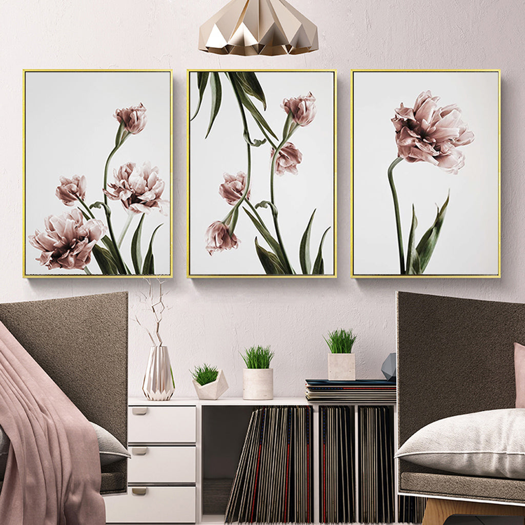 40cmx60cm Tulip Flower Canvas Wall Art Set of 3 - Gold Frame - A Charming and Elegant Piece of Art That Will Add a Touch of Spring to Your Home