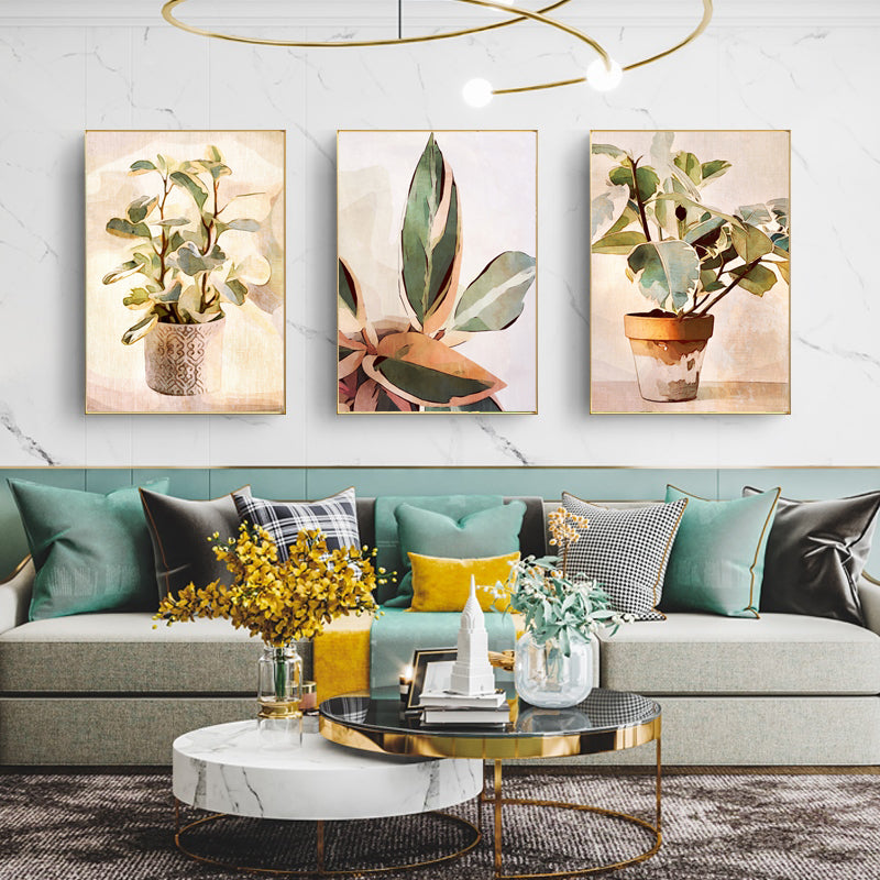 Watercolour Botanical Leaves Canvas Wall Art Set of 3 with Gold Frame (40cm x 60cm)